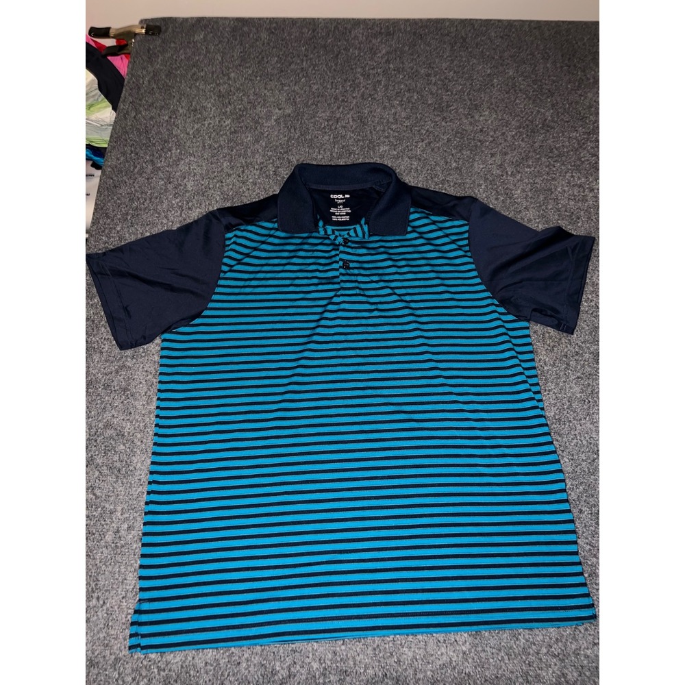 Haggar Cool 18 Polo Shirt Mens Large Blue Black Striped Performance Short Sleeve